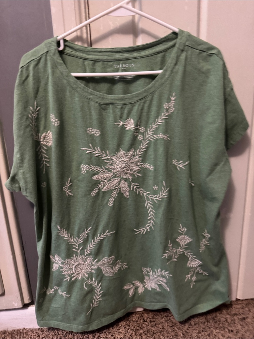Talbots Sage Green Short-Sleeve Tee with White Floral Embroidery